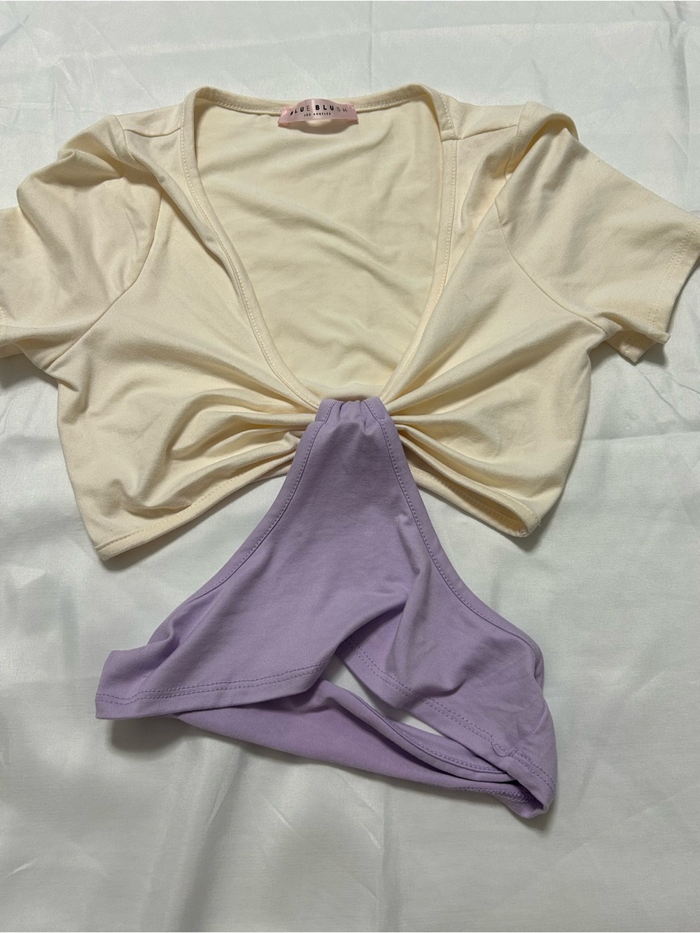 Two-Tone Knot Front Crop Top - Cream & Lavender